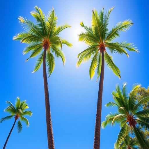 Create a vibrant digital illustration of two leaning palm trees with lush green fronds against a bright blue sky, using a 50mm lens at f/8 for sharp focus, ISO 100 for clarity, captured from a low angle to emphasize height, in a bright and colorful graphic style.