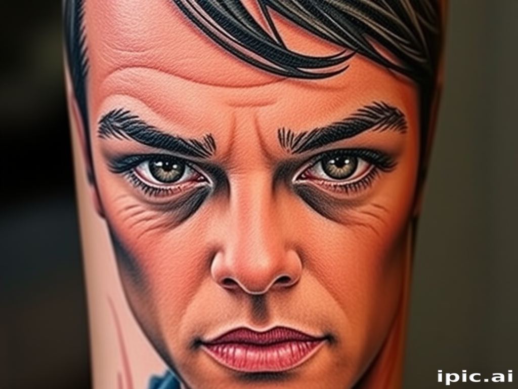 Realistic color portrait tattoo titled "Living Canvas" showcasing photorealistic details of a person's face with lifelike shading and vivid pigments that capture every nuance
