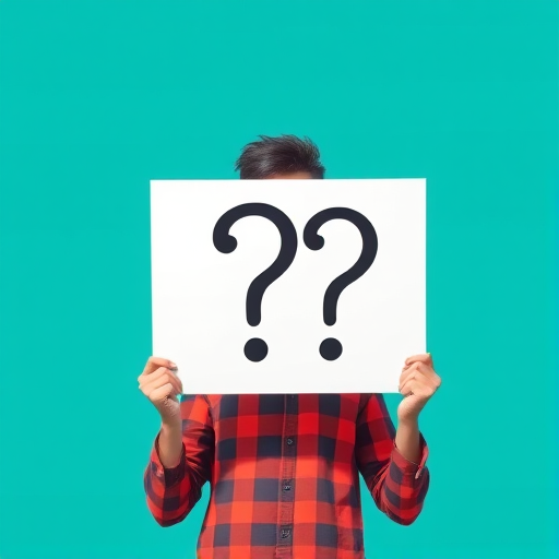 Create an illustration of a person holding a sign with two large question marks, use a bright teal background, employ a DSLR camera with a 50mm lens, aperture set to f/2.8 for a shallow depth of field, ISO 100, taken from a slightly lower angle to emphasize the sign, and simulate a soft focus effect.