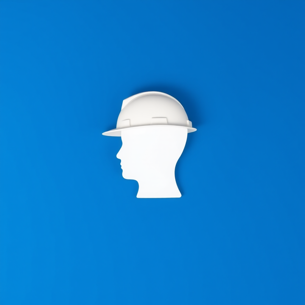 Create a high-resolution image of a white silhouette of a person's head wearing a hard hat centered in a blue circular background, shot with a Canon EOS R5 camera at f/8, ISO 100, 1/250s, using a macro lens and a flat lay perspective for sharp details and vibrant colors.