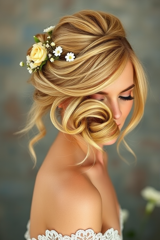 Radiant honey blonde beauty with a romantic, loose updo adorned with delicate flowers, perfect for a bohemian wedding look
