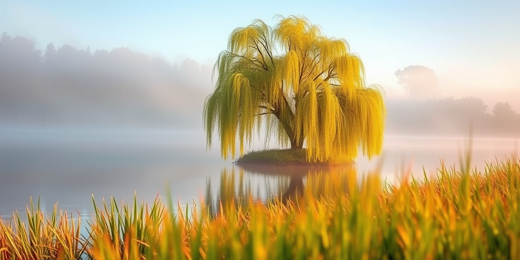 misty lake landscape with a weeping willow tree, soft morning light, reflected in the calm water, with tall grasses in the foreground, shot with a DSLR camera, 35mm lens, f/8 aperture, ISO 100, 1/125s shutter speed, vibrant colors, shallow depth of field.
