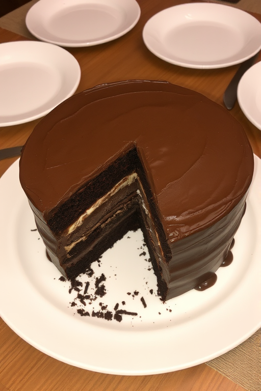 A delicious chocolate cake with smooth frosting sitting on a white plate with a slice removed revealing the chocolate layers inside, placed on a wooden table with a neutral tablecloth, surrounded by empty plates and cutlery.