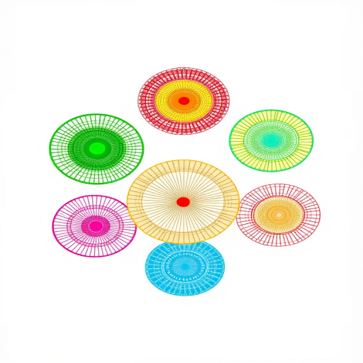 Create an abstract digital illustration featuring five circular designs in vibrant colors: red, green, yellow, blue, and pink, showcasing intricate lines and patterns, shot with a DSLR camera at f/2.8, ISO 100, 50mm lens, top-down view, using a high saturation style for enhanced color depth and clarity.