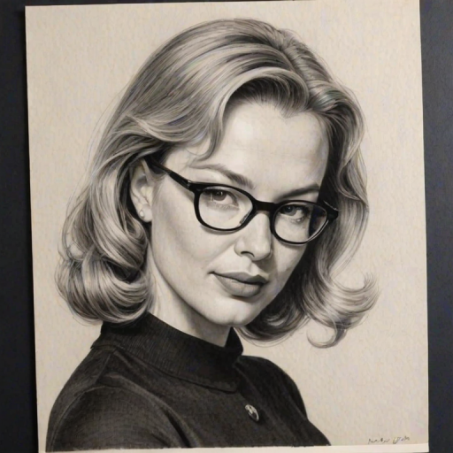 Superb Rene' Zellweger, pencil sketch, portrait of Bewitching woman 1956s in glasses, hair style beatnik, outline, clear lines, fine lines, 8k
