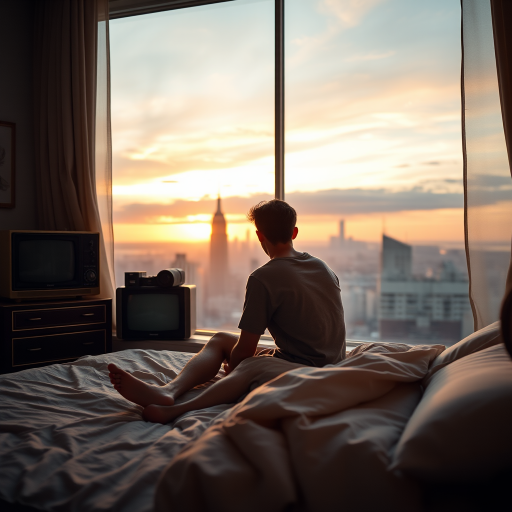 a serene sunset view from a cozy bedroom with a young man sitting on the bed, vintage television and radio in the background, city skyline with the Empire State Building visible, soft warm lighting, DSLR camera, 50mm lens, f/1.8 aperture, 1/100 sec shutter speed, ISO 200, golden hour photography