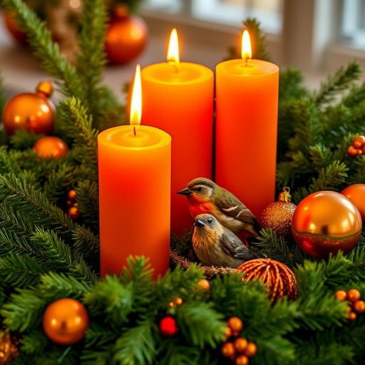 Create a cozy holiday scene featuring three lit orange candles surrounded by lush greenery. Include decorative elements like shiny orange ornaments and a small, colorful bird nestled among the foliage. Emphasize warmth and festivity in the arrangement.