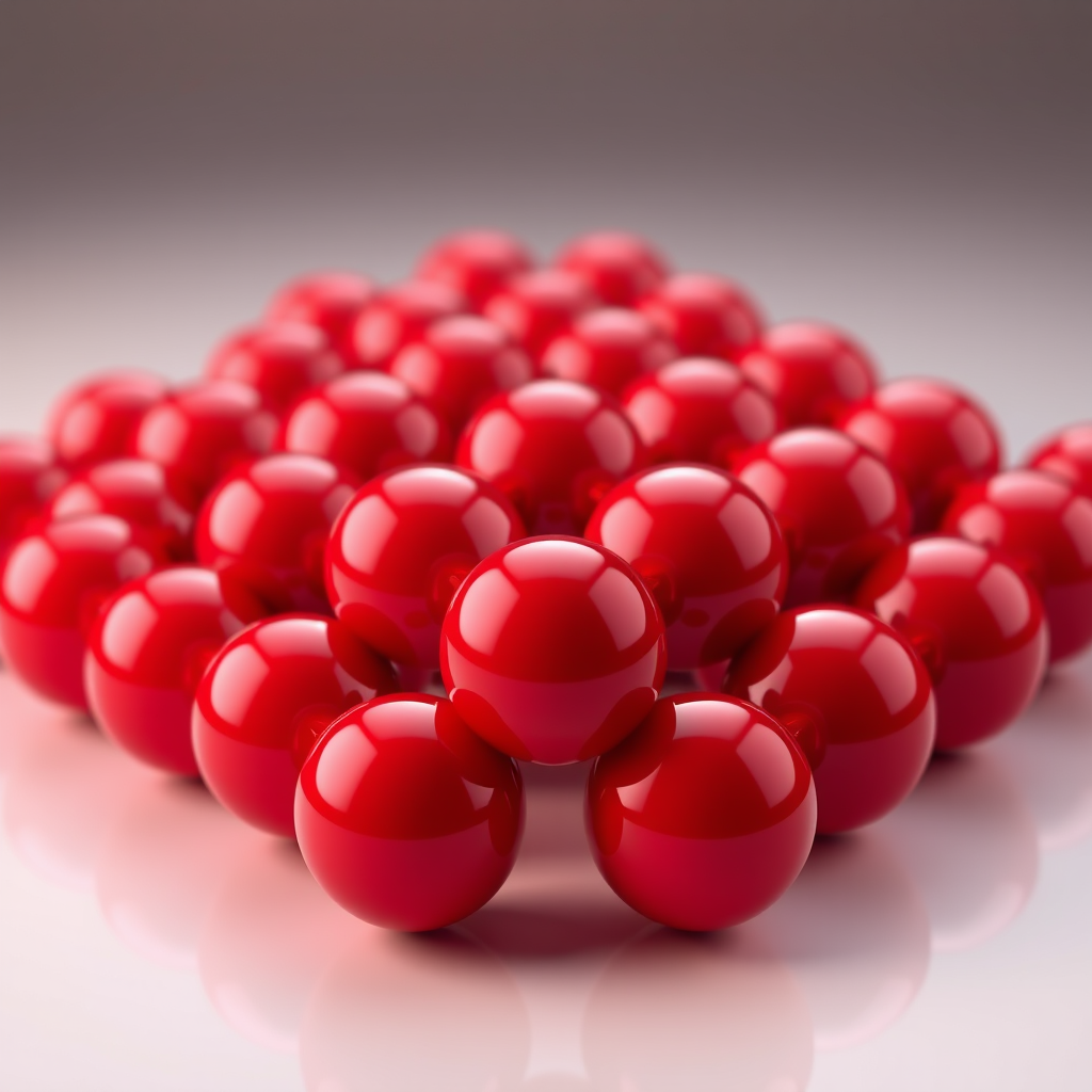 Create a highly detailed 3D rendering of a cluster of vibrant red spheres arranged in a honeycomb pattern, using a DSLR camera with a 50mm lens, f/1.8 aperture, ISO 100, natural lighting, and a shallow depth of field for enhanced quality.