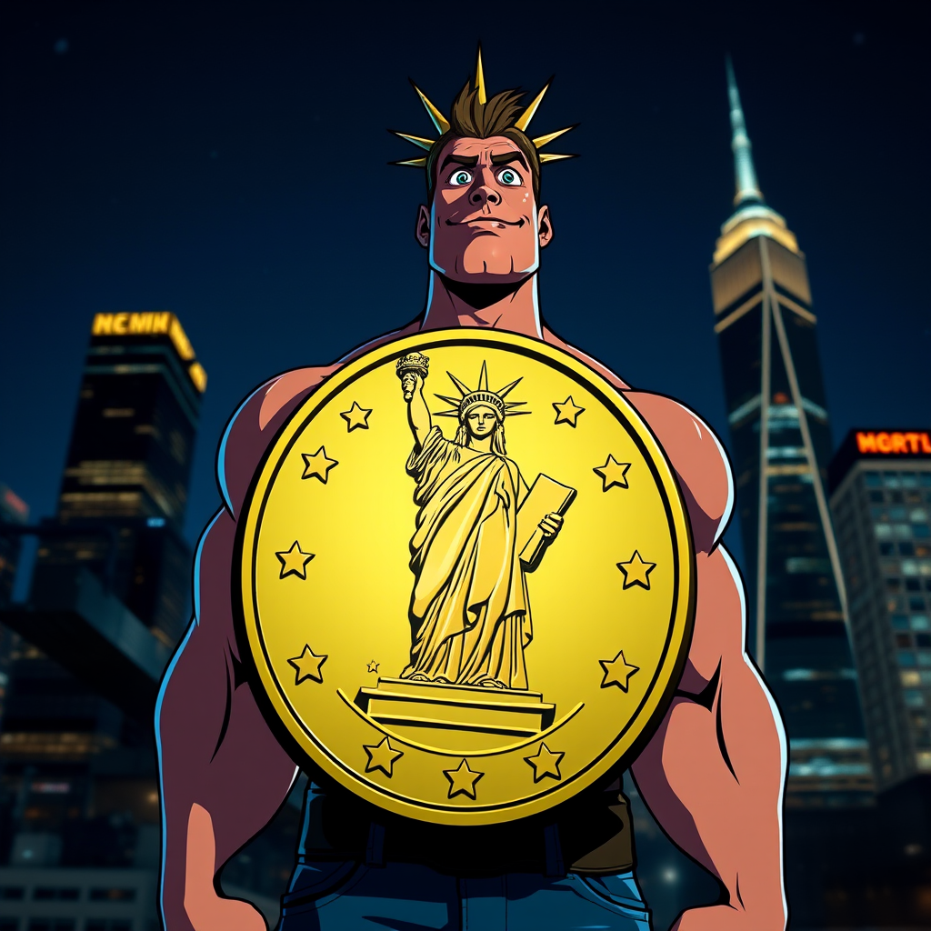 Create an image of a muscular cartoon character wearing a large coin with the Statue of Liberty design in front of a city skyline at night, using a DSLR camera, 50mm lens, f/1.8 aperture, ISO 100, and a low angle shot for dramatic effect.
