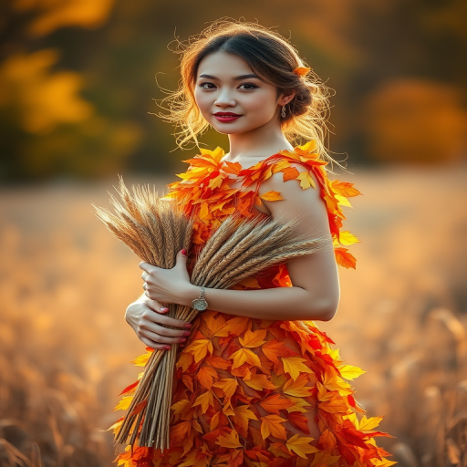 Generate an image of a woman in an elegant orange dress made of autumn leaves, holding a bundle of wheat, with a warm golden background; use a Canon EOS R5, 85mm lens, f/1.8 aperture, ISO 100, 1/200 sec shutter speed, soft focus, and high dynamic range for vibrant colors and details.