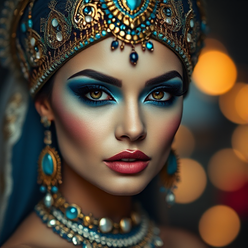 portrait of a woman with dramatic blue makeup and ornate headpiece, shallow depth of field, 85mm lens, f/1.8 aperture, ISO 100, studio lighting, soft focus background, vibrant bokeh lights, Canon EOS 5D Mark IV