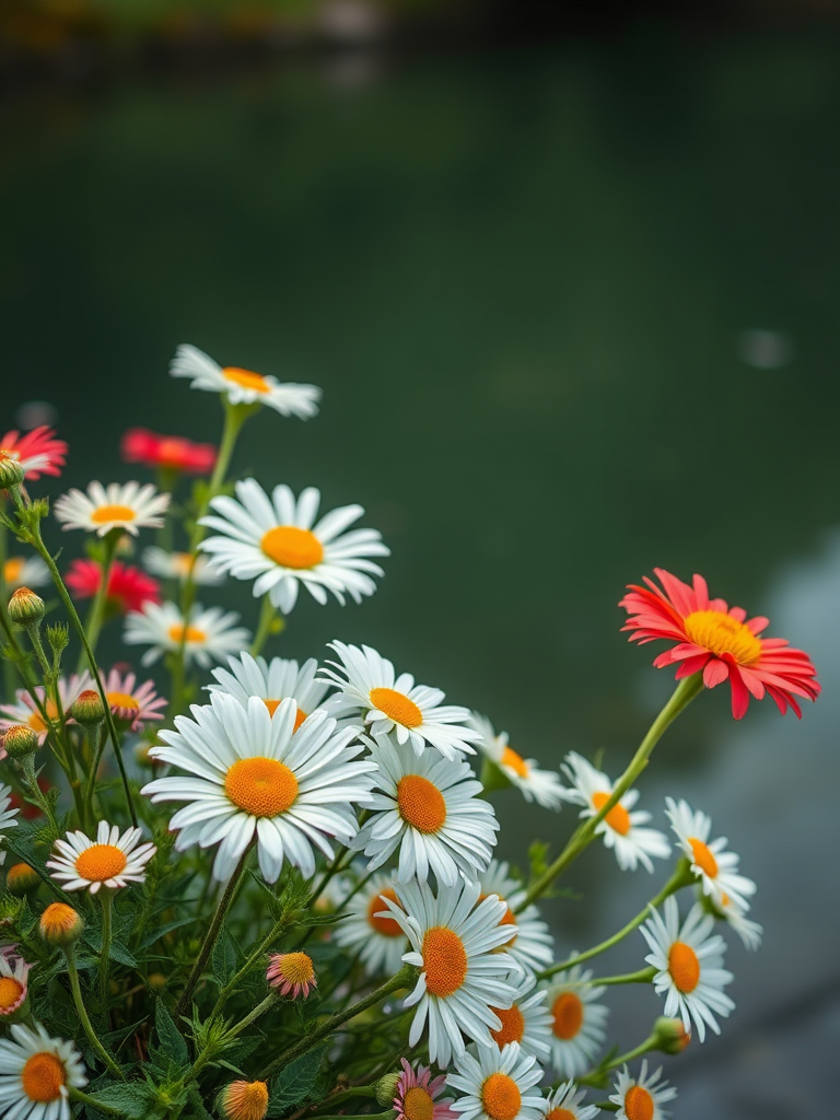 Generate a high-resolution illustration of a vibrant floral arrangement with daisies and greenery by a tranquil water's edge, using a Canon EOS R5 with a 50mm f/1.2 lens, aperture set to f/2.8, ISO 100, and a soft-focus background effect for a dreamy look.