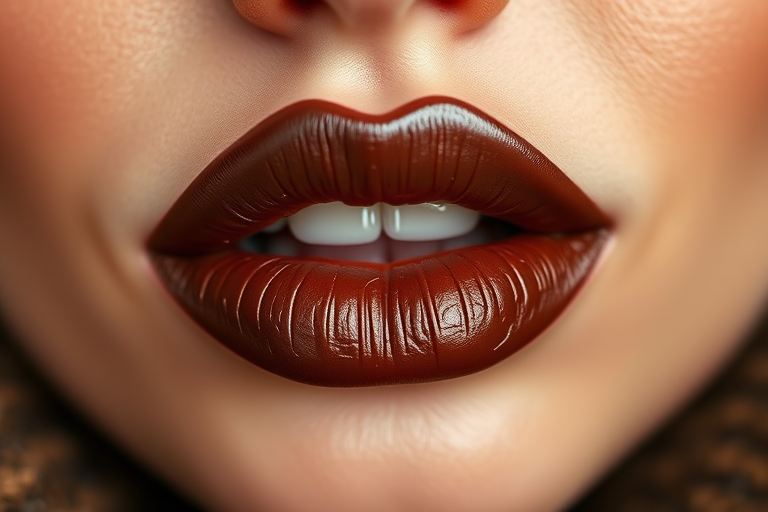 Rich chocolate brown lips with rose gold highlights, called "Cocoa Luxe," boast a creamy texture and moisturizing properties, ideal for fall fashion and cozy winter gatherings