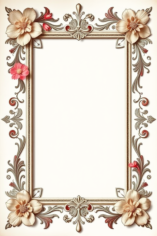 Generate a vintage photo frame design with intricate floral and ornate decorations, featuring a clear empty center, shot in soft natural light, using a DSLR camera with a 50mm lens at f/2.8, ISO 100, at a slight angle to enhance depth and detail.