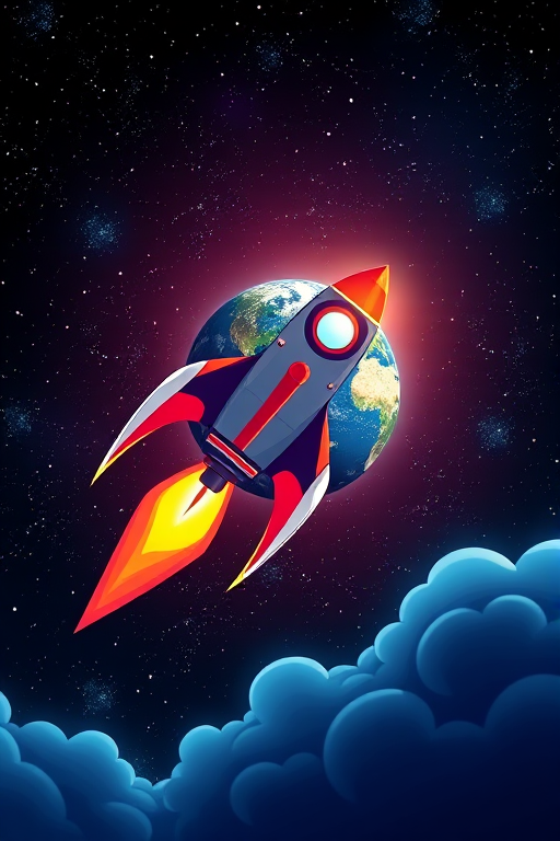 Create a digital illustration of a rocket flying towards Earth in a starry space background with vibrant colors and sharp details, using a high-resolution setting of 300 DPI, captured from a wide-angle perspective, simulating a 35mm lens, with a soft focus effect for depth.