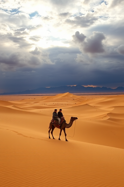 desert landscape with two camels and riders under a dramatic sky, golden sand dunes and distant mountains, high dynamic range photography, ISO 100, f/8 aperture, 1/125 sec shutter speed, wide-angle lens, DSLR camera, soft focus on background for depth
