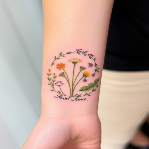 Delicate botanical tattoo featuring pressed flowers and leaves in soft pastel hues, arranged in a circular wreath design around the wrist, with scientific names etched in elegant script