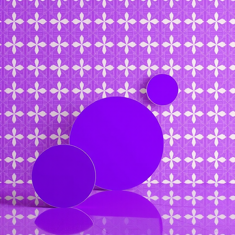 Create an abstract image featuring large purple shapes and circles set against a vibrant backdrop of purple and white geometric patterns, captured with a DSLR camera at f/8, ISO 200, 1/60s, using a wide-angle lens for an expansive view and enhanced detail.