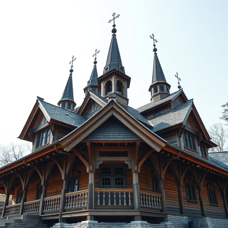 Generate an image of a traditional wooden church with multiple spires and a complex roof structure, captured with a DSLR camera at f/8 aperture, ISO 100, 24mm lens, shot from a low angle for dramatic perspective, in natural daylight to enhance details and textures.