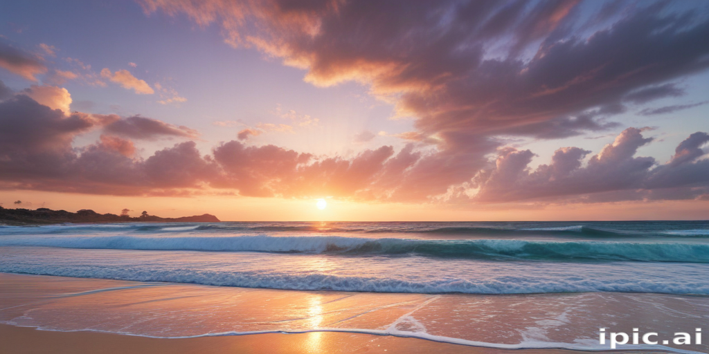 Stunning Sunset Over Serene Beach with Gentle Waves and Colorful Clouds