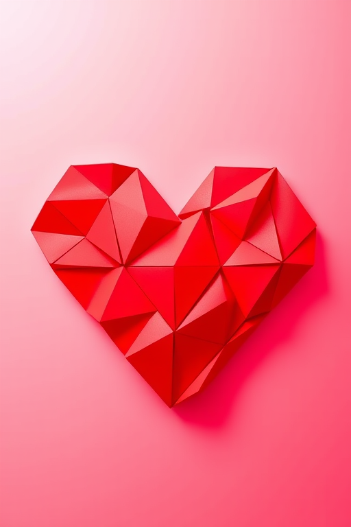 Create a vibrant geometric heart shape composed of red triangles with a soft gradient background, captured with a DSLR camera at 50mm, aperture f/1.8, ISO 100, shot from a top-down view to enhance depth and clarity.