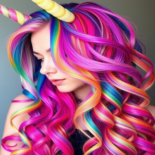 Daring rainbow unicorn hair featuring vibrant streaks of every color, styled in voluminous curls with a deep side part, embodying magical whimsy