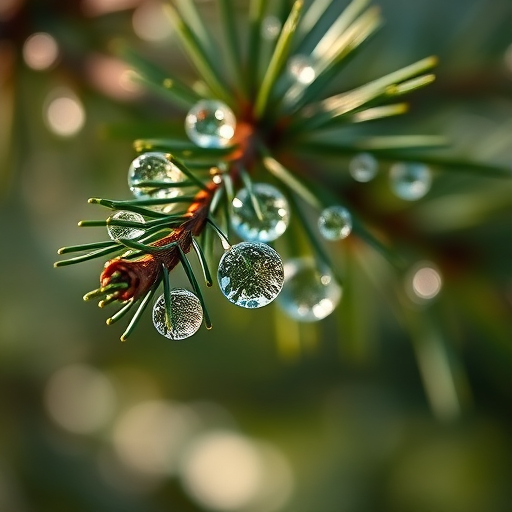 macro shot of a pine branch with water droplets glistening in sunlight, shallow depth of field, f/2.8 aperture, ISO 100, 50mm lens, soft focus background, morning light, DSLR camera