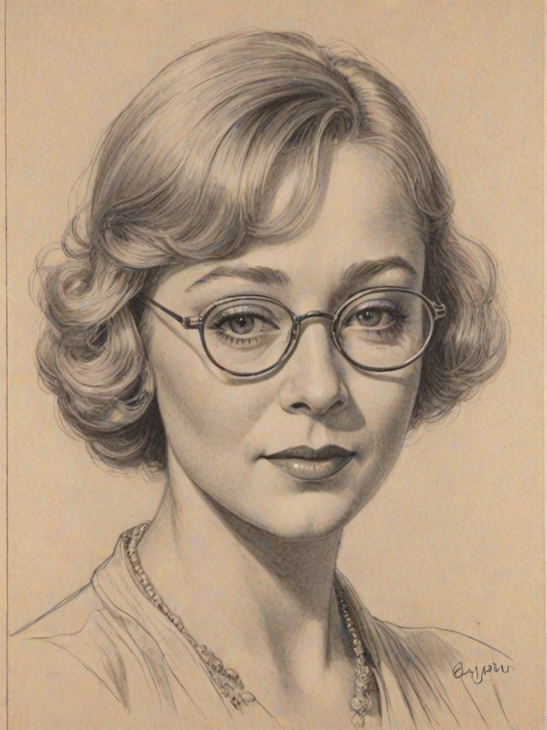Resplendent Glynis Johns, pencil sketch, portrait of Splendid woman 1922s in glasses, hair style beatnik, outline, clear lines, fine lines, 8k