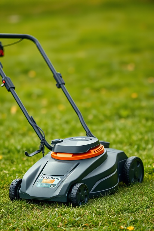 Create a high-resolution image of an electric lawn mower with a sleek design against a blurred green lawn background, using a DSLR camera with a 50mm lens, aperture set to f/2.8, ISO 100, and a shutter speed of 1/250s for crisp details and vibrant colors.