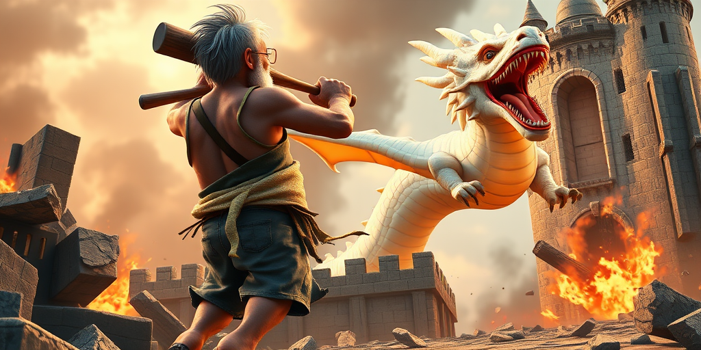 Cartoon 3D High-Resolution,dynamic battle scene using Unreal Engine 5 and Octane Render. The scene features back of an elderly, thai man with a beard,messy hair and round golden-rimmed glasses. He is wearing a tattered tank top with soot marks, shorts, and sandals. sweating. he wields a baseball bat. He jump to fight with a white fire-breathing Europe dragon amidst a partially destroyed stone castle. Include intense flames, smoke, and debris to enhance the dramatic effect.