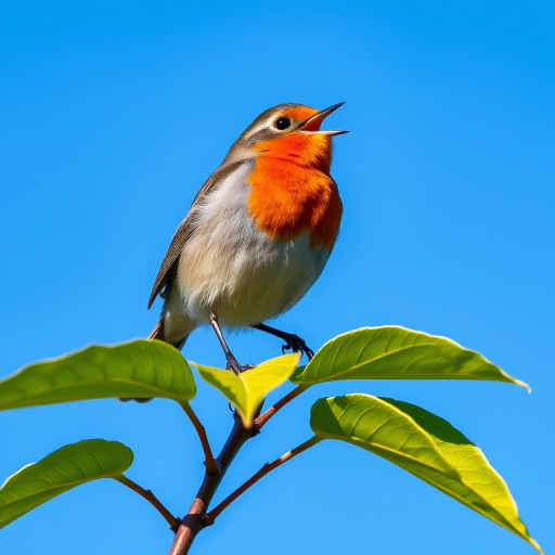 Capture a vibrant robin perched atop a green leaf, singing against a clear blue sky, using a Canon EOS 90D with a 50mm lens, aperture set to f/2.8, ISO 100, shutter speed at 1/500s, in natural light to enhance color and detail.
