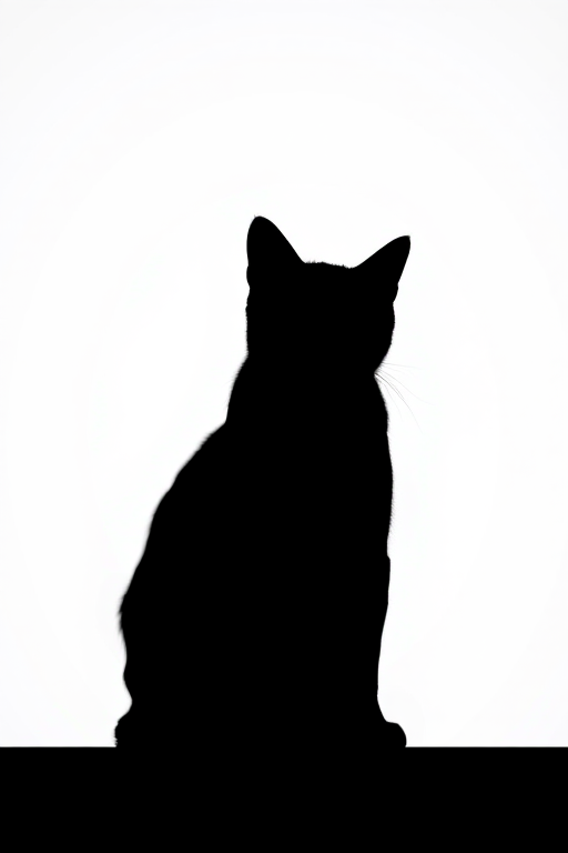 Generate a high-resolution image of a minimalistic black silhouette of a cat, using a DSLR camera with a 50mm f/1.8 lens, aperture set to f/2.8, ISO 100, and a soft focus background to emphasize the silhouette.