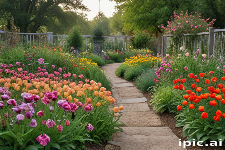 A Serene Garden Pathway Surrounded by Vibrant Blooming Tulips and Flowers