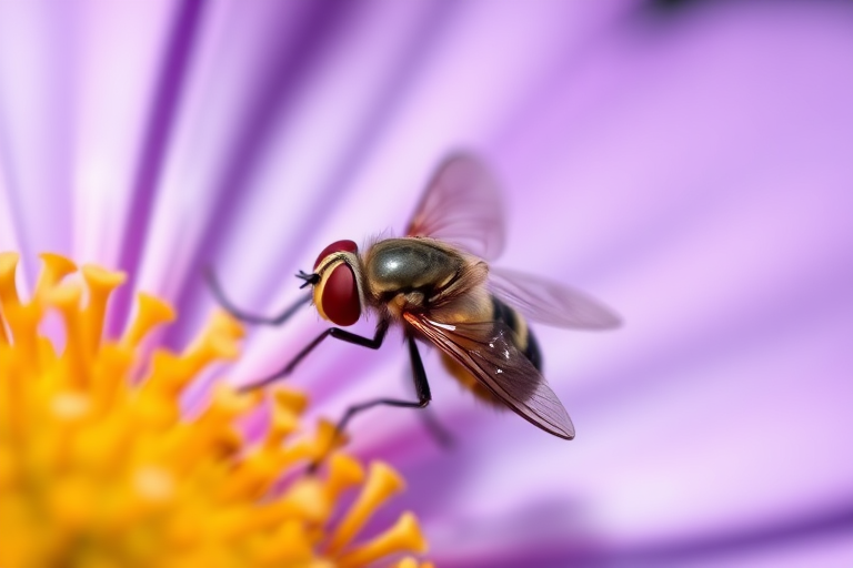 macro shot of a fly on a purple flower petal, natural light, f/2.8 aperture, 1/200 sec shutter speed, ISO 100, shallow depth of field, DSLR camera, close-up view