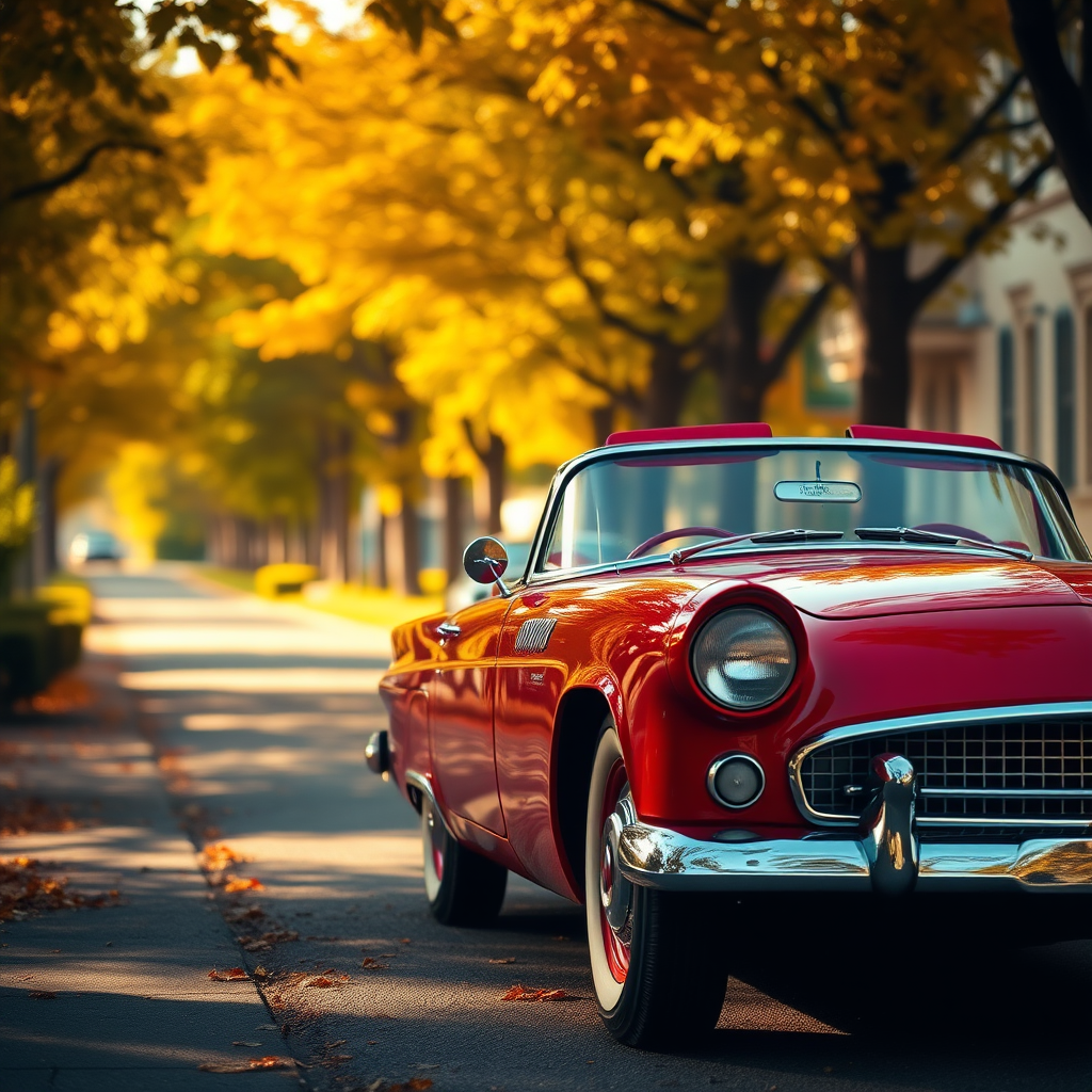 Capture a vintage red convertible car parked on a picturesque street lined with autumn trees, warm sunlight illuminating the scene, shallow depth of field, aperture f/2.8, ISO 100, 50mm lens, shot from a low angle for dramatic effect.