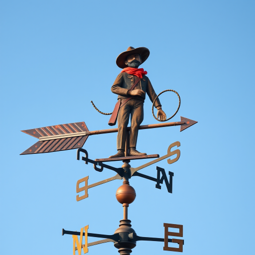 Create a high-resolution image of a vintage weather vane featuring a cowboy figure with a lasso, against a clear blue sky, taken with a Canon EOS R5 at f/8, ISO 100, 1/250s, landscape view, with soft natural lighting for enhanced detail.