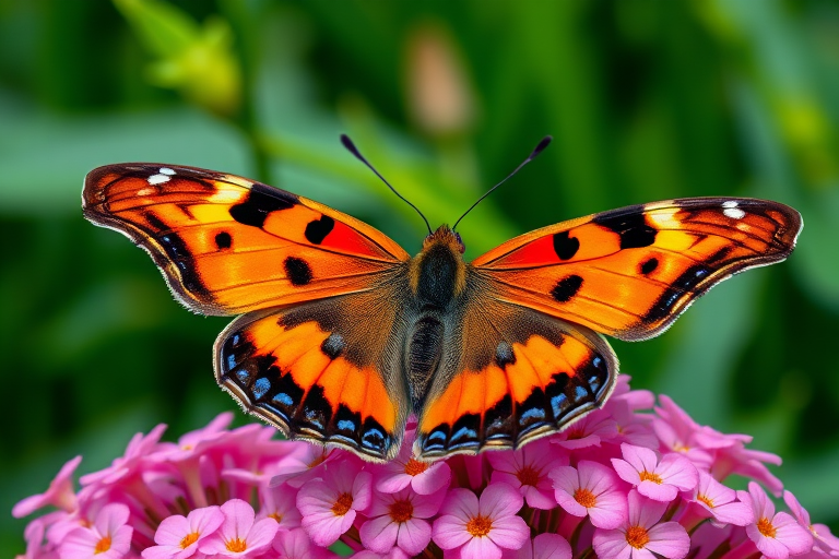 Generate an image of a butterfly with vibrant orange wings featuring striking blue and black patterns, resting on pink flowers. The background should be lush and green, creating a natural setting.