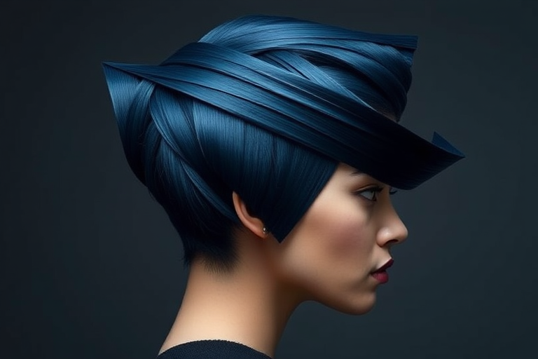 Avant-garde hair style featuring architectural shapes and geometric lines created with stiff gelled strands in a deep midnight blue shade
