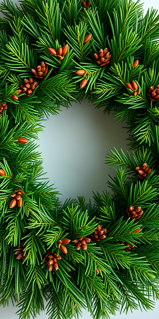 create a realistic depiction of a lush green wreath made of pine needles, focus on vibrant colors and intricate details of the leaves, use a Canon EOS R5 camera with a 50mm f/1.2 lens, set ISO to 100, aperture at f/2.8, shutter speed at 1/125 sec, in natural daylight for enhanced clarity and depth.