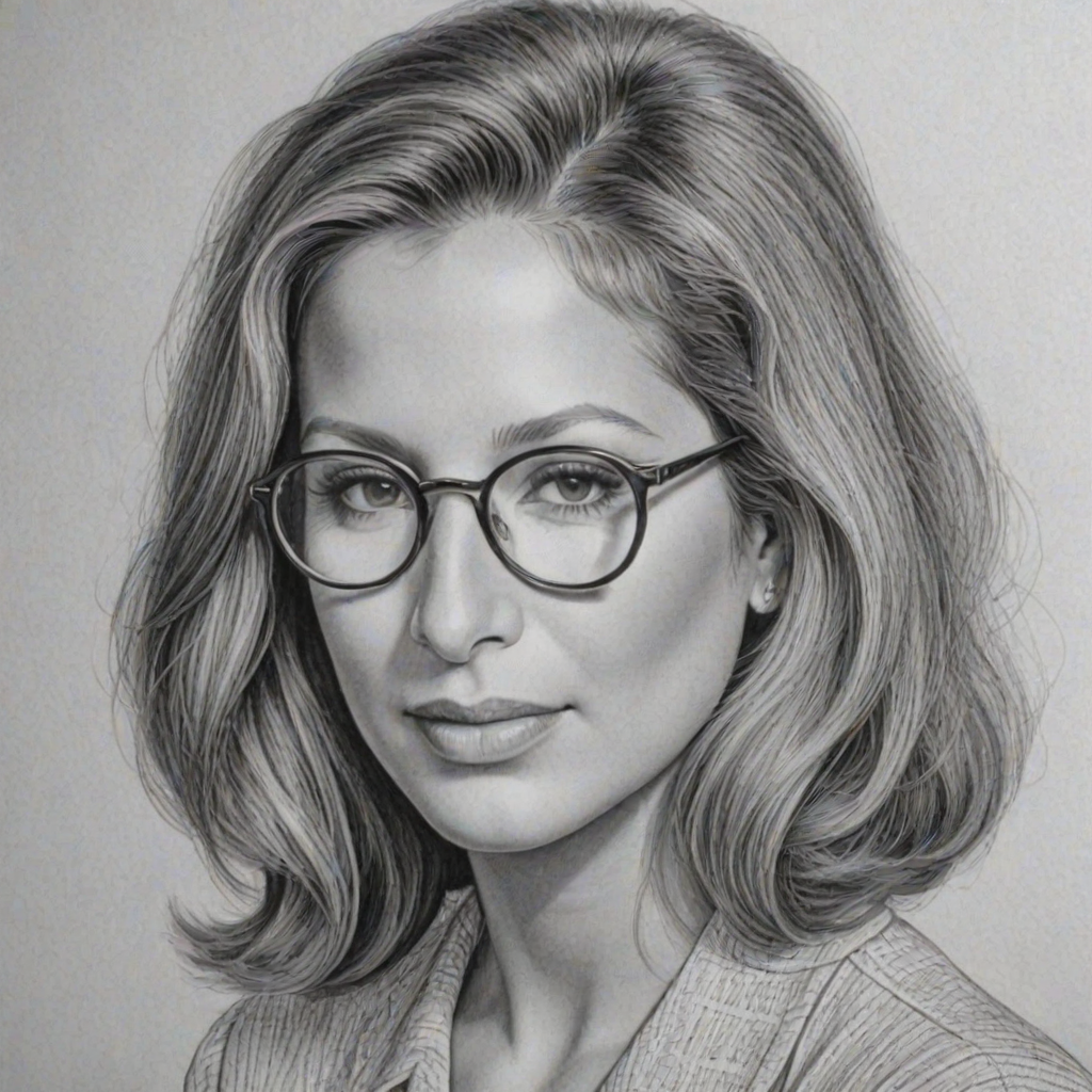 Enchanting Barbra Streisand, pencil sketch, portrait of Alluring woman 1942s in glasses, hair style beatnik, outline, clear lines, fine lines, 8k