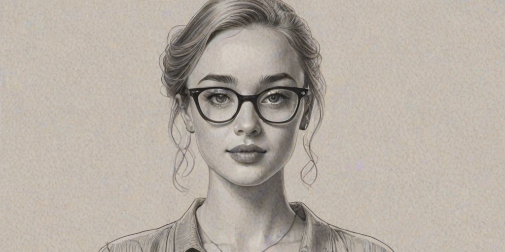 Dazzling Phoebe Dynevor, pencil sketch, portrait of Graceful woman 1949s in glasses, hair style beatnik, outline, clear lines, fine lines, 8k