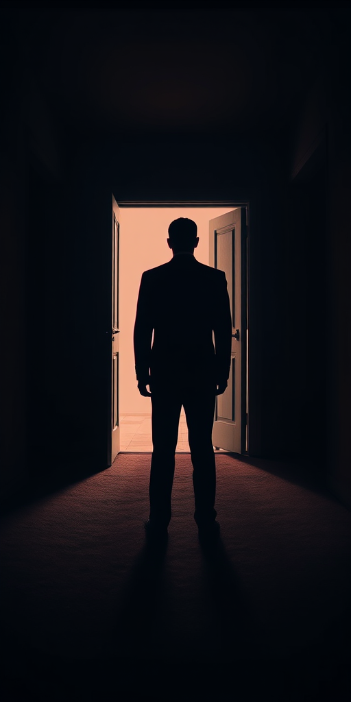 Generate an eerie scene featuring a tall, slender figure in a suit standing in a dimly lit room with an open door, using a Canon EOS R5 with a 24mm f/1.4 lens, aperture set to f/2.8, ISO 800, shutter speed 1/60s, in a low-angle shot for dramatic effect, ensuring soft shadows and a moody atmosphere.