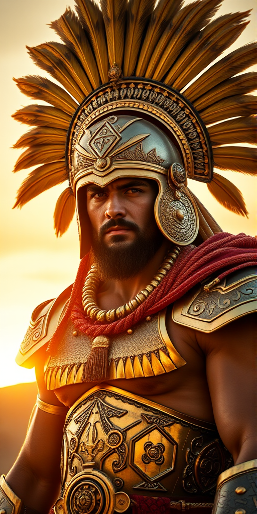 Create a highly detailed portrait of a muscular warrior wearing ornate golden armor and a large, extravagant headdress, captured in dramatic lighting during sunset; use a Canon EOS R5 with an 85mm f/1.2 lens, aperture set to f/1.8 for a shallow depth of field, ISO 100, and a low angle view to emphasize stature and power.