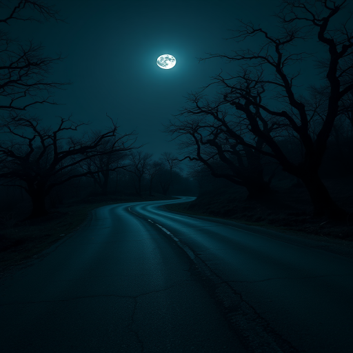 Create a high-resolution image of a dark, eerie landscape featuring a winding road with cracked pavement under a full moon, surrounded by gnarled, leafless trees, captured at night with a Canon EOS R5, f/8 aperture, ISO 100, 30-second exposure, wide-angle lens, and soft focus for a mystical atmosphere.