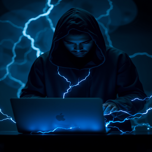 A dark figure in a hooded cloak manipulating a glowing laptop surrounded by electric blue energy, captured with a Canon EOS R5, 50mm lens, f/1.8 aperture, ISO 100, 1/60 sec exposure, illuminated in a low-key lighting style to enhance the atmosphere and detail.