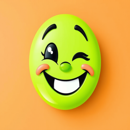 create a vibrant cartoonish smiley face with a wink and a wide grin, solid green color on a brown background, 50mm lens, f/2.8 aperture, ISO 100, high dynamic range imaging, front view, digital camera