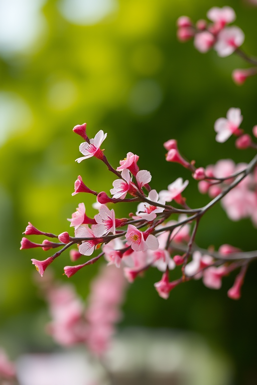 Close-up of pink flowering branches with blurred green background, captured with a Canon EOS 5D Mark IV, 50mm lens, aperture f/2.8, ISO 100, 1/1000 sec, natural light.