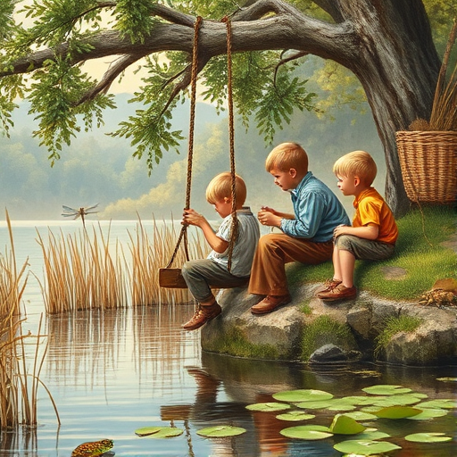 Imagine a small group of old fashioned young boys out fishing by the creek, a swing hanging from a tree branch, reeds and grasses by the water's edge, a frog sitting on a lily pad, dragonflies hovering over som water plans, a very iconic old fashioned scene reminiscent of a Norman Rockwell painting style