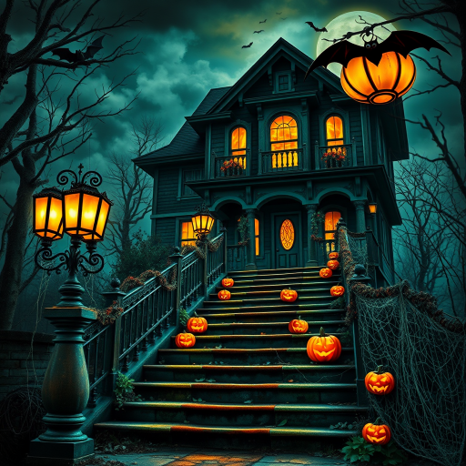 airbrushed oil painting, halloween theme, a haunted house, stairs, highly decorated, illuminated, lanterns, jack o'lantern, bats, webcobs