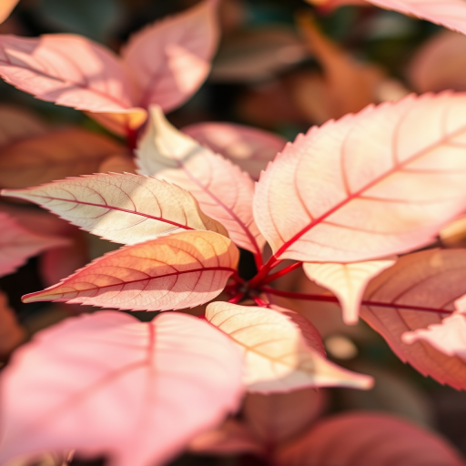 Generate a digital illustration of abstract leaves with pastel colors and geometric shapes, featuring a close-up view with a soft focus effect, using a DSLR camera at f/4 aperture, ISO 100, with natural lighting for enhanced vibrancy.